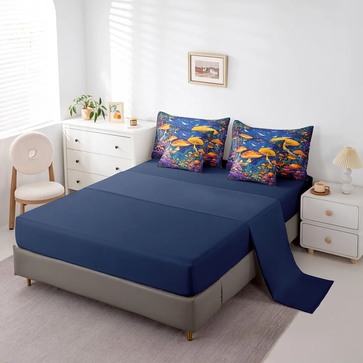 Feelyou Cute Mushroom Decor 7 Pieces Comforter Sets Natural Mushrooms Bedding Set for All Season for Kids Boys Girls Dreamy Fungus Bed in a Bag with Comforter, Sheets, Pillowcases & Cushion Cover