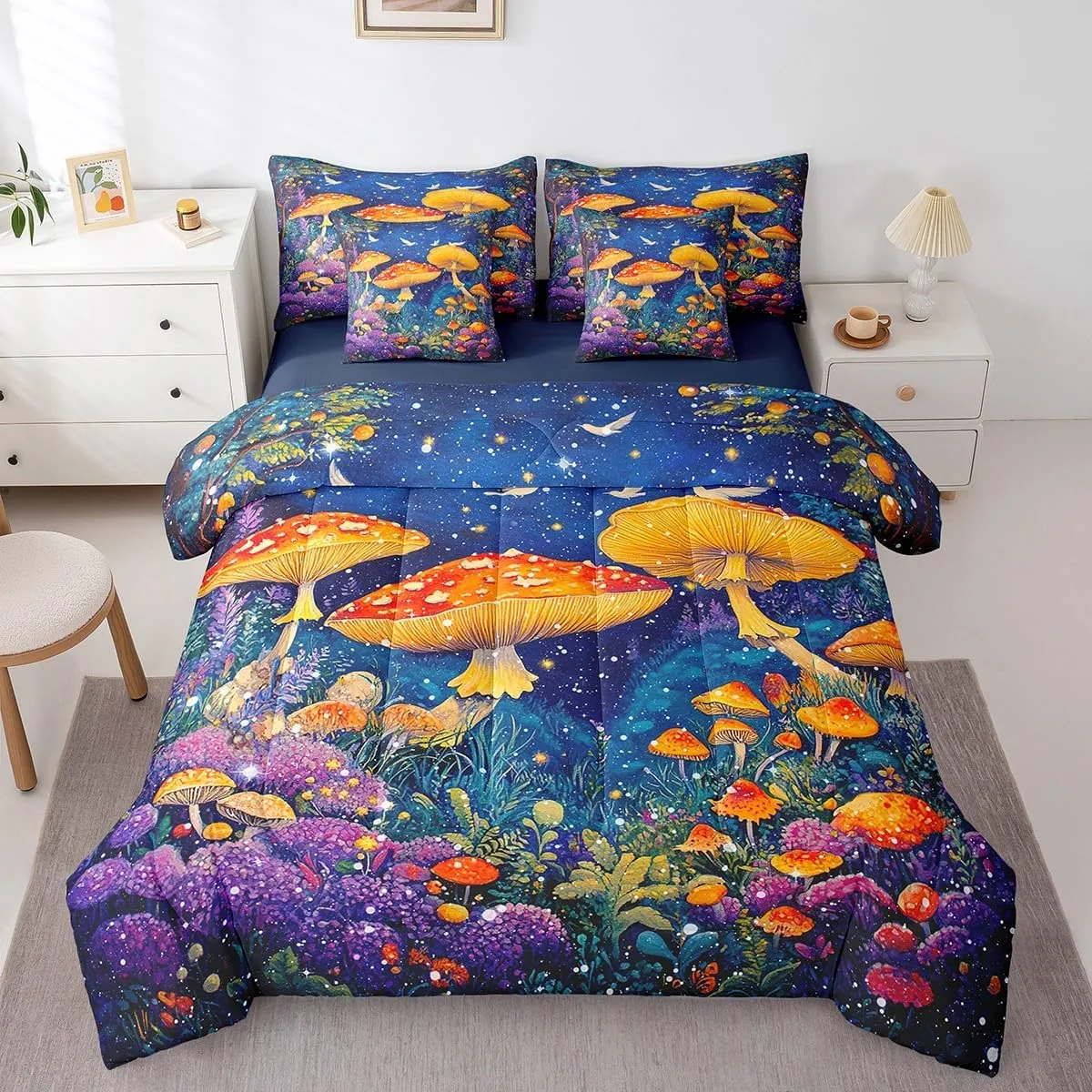 Feelyou Cute Mushroom Decor 7 Pieces Comforter Sets Natural Mushrooms Bedding Set for All Season for Kids Boys Girls Dreamy Fungus Bed in a Bag with Comforter, Sheets, Pillowcases & Cushion Cover