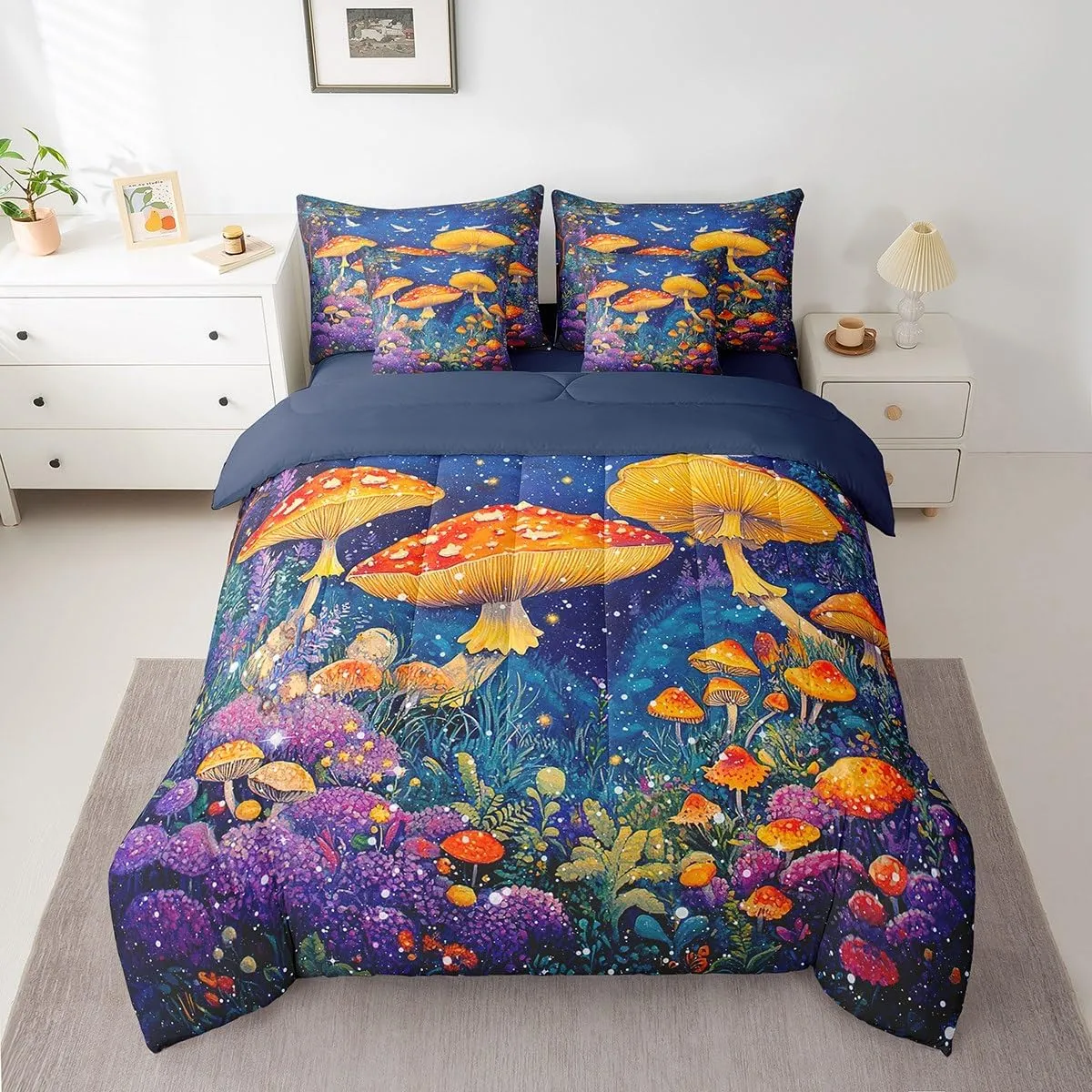 Feelyou Cute Mushroom Decor 7 Pieces Comforter Sets Natural Mushrooms Bedding Set for All Season for Kids Boys Girls Dreamy Fungus Bed in a Bag with Comforter, Sheets, Pillowcases & Cushion Cover