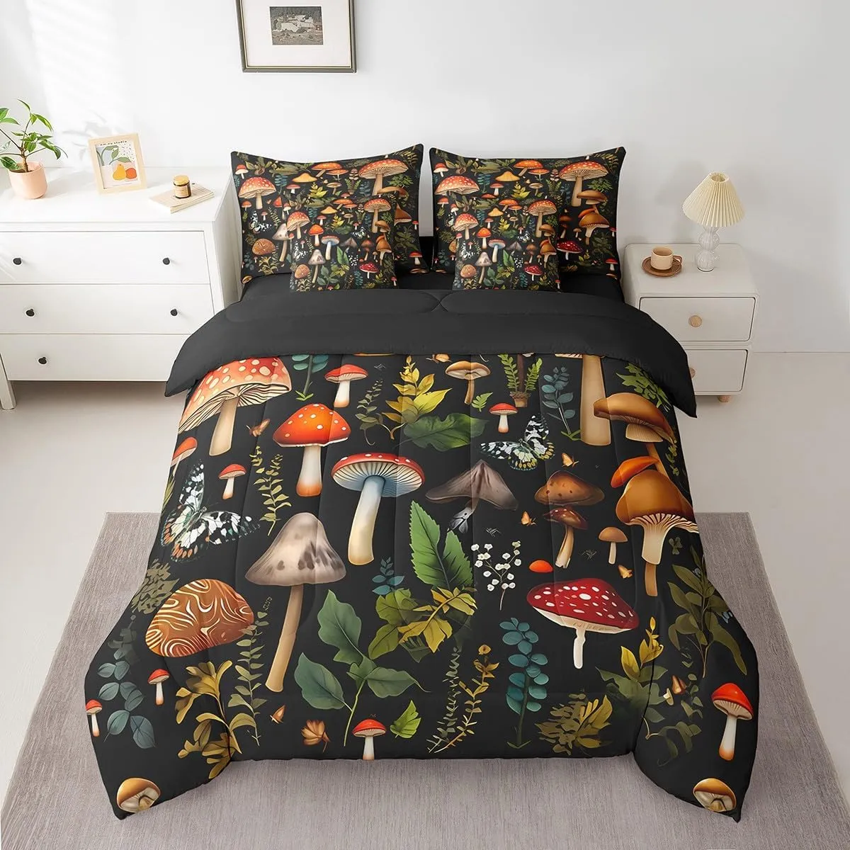Feelyou Kids Red Mushroom 7 PCS Comforter Set with Sheets King Size Boys Girls Cute Mushroom Bed in a Bag Fungus Bed in a Bag with Comforter, Sheets, Pillowcases & Cushion Cover