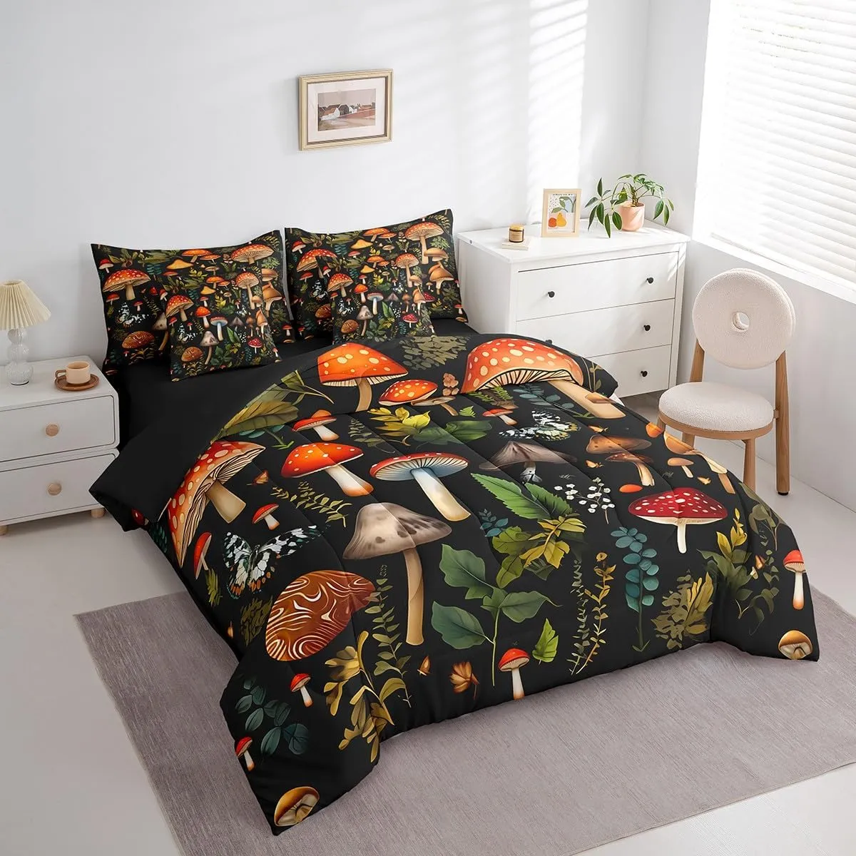 Feelyou Kids Red Mushroom 7 PCS Comforter Set with Sheets King Size Boys Girls Cute Mushroom Bed in a Bag Fungus Bed in a Bag with Comforter, Sheets, Pillowcases & Cushion Cover