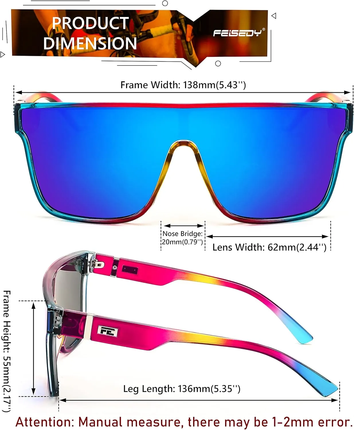 FEISEDY Sunglasses for Women Men, Fashion Mirrored Single Lens, Driving Beach Sunnies UV400 Shades B2996