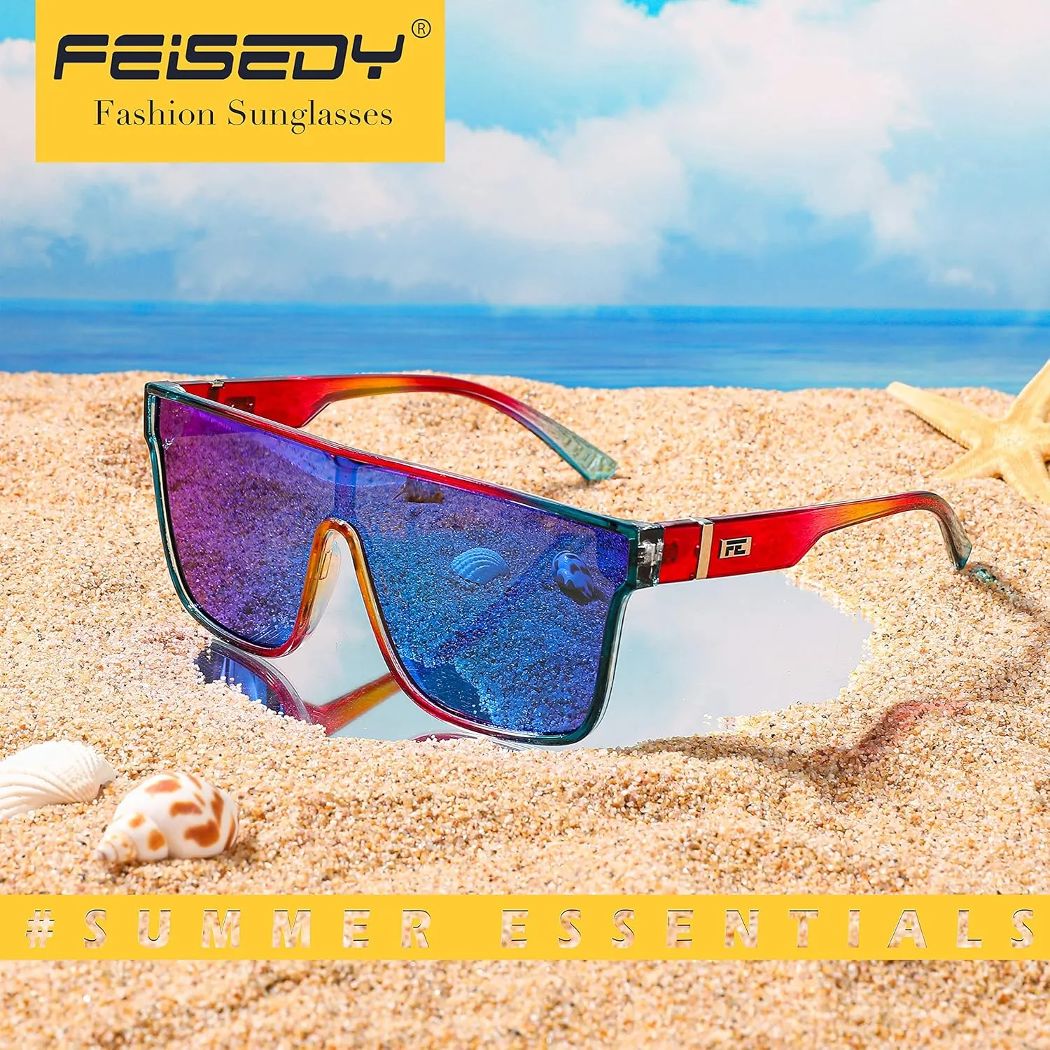 FEISEDY Sunglasses for Women Men, Fashion Mirrored Single Lens, Driving Beach Sunnies UV400 Shades B2996