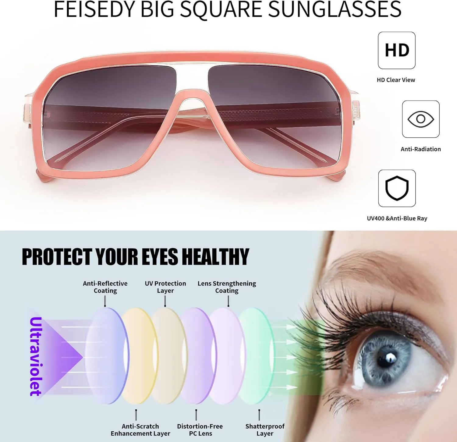FEISEDY Sunglasses Men Square Aviator Frame UV400 Sun Glasses Driving Running Fishing Golf Hiking B0059