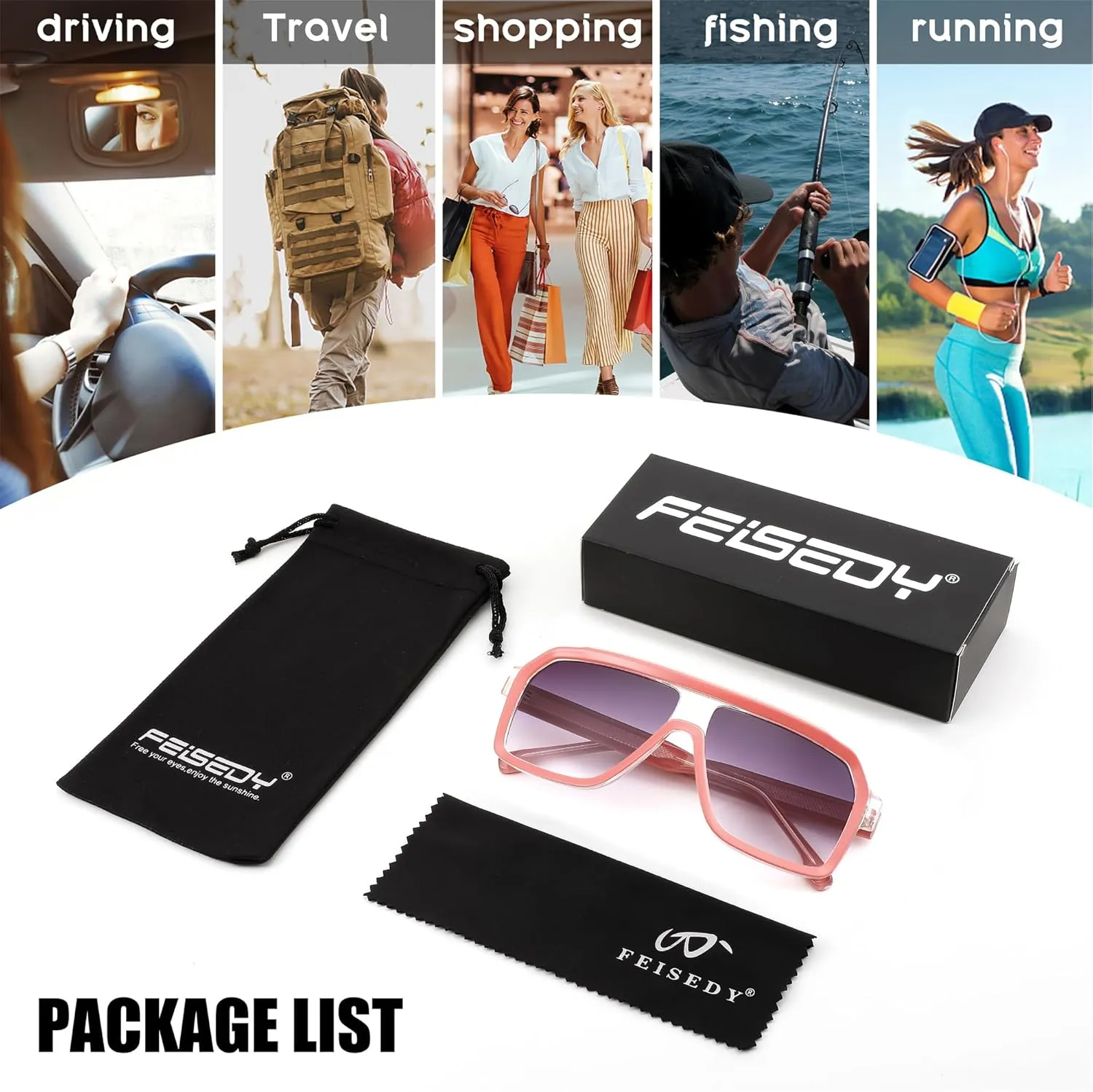 FEISEDY Sunglasses Men Square Aviator Frame UV400 Sun Glasses Driving Running Fishing Golf Hiking B0059