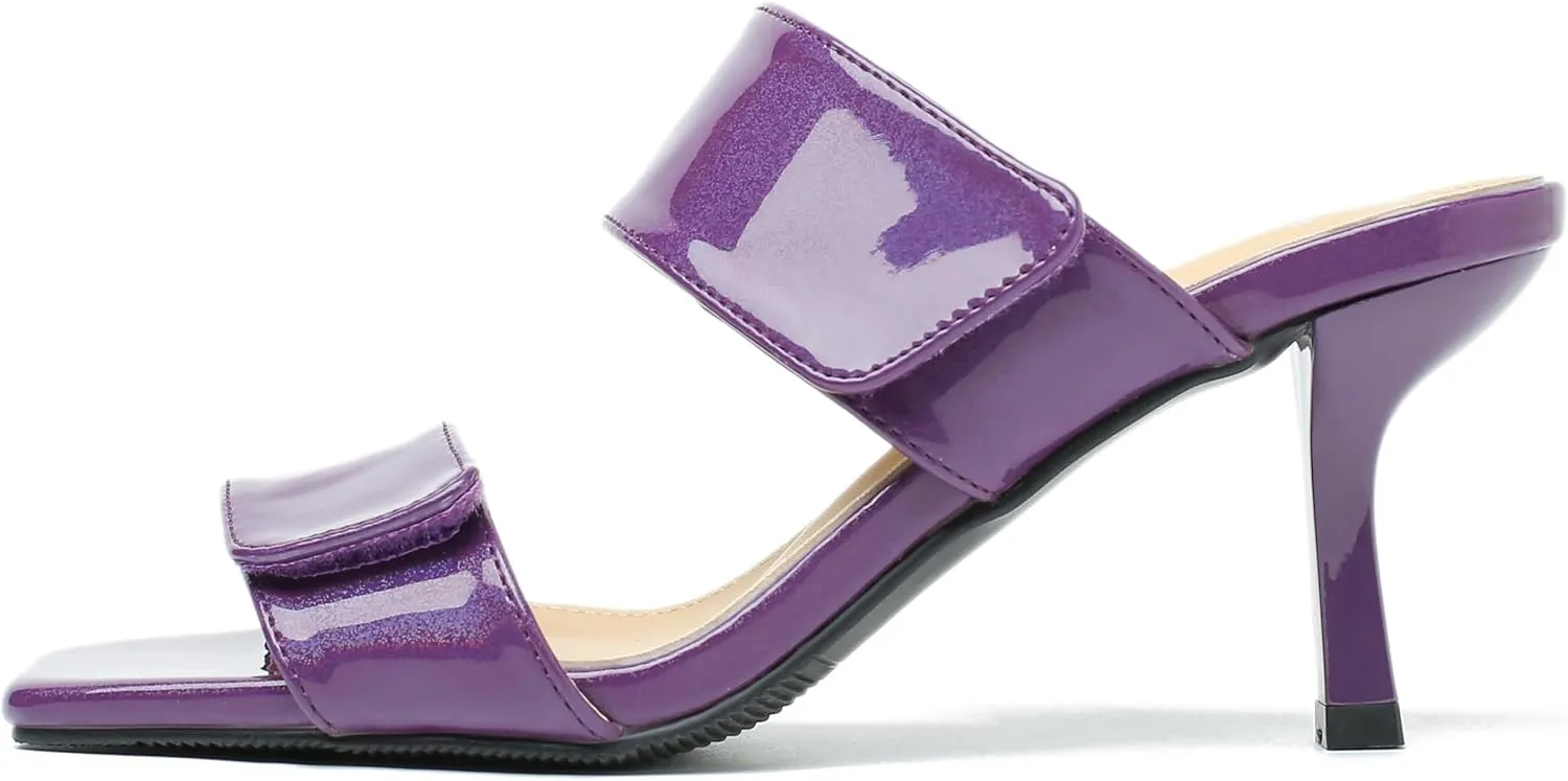 fereshte Womens 2 Strap Slip On Heeled Sandals Slip On Sandals Square Toe Kitten Heeled Mules
