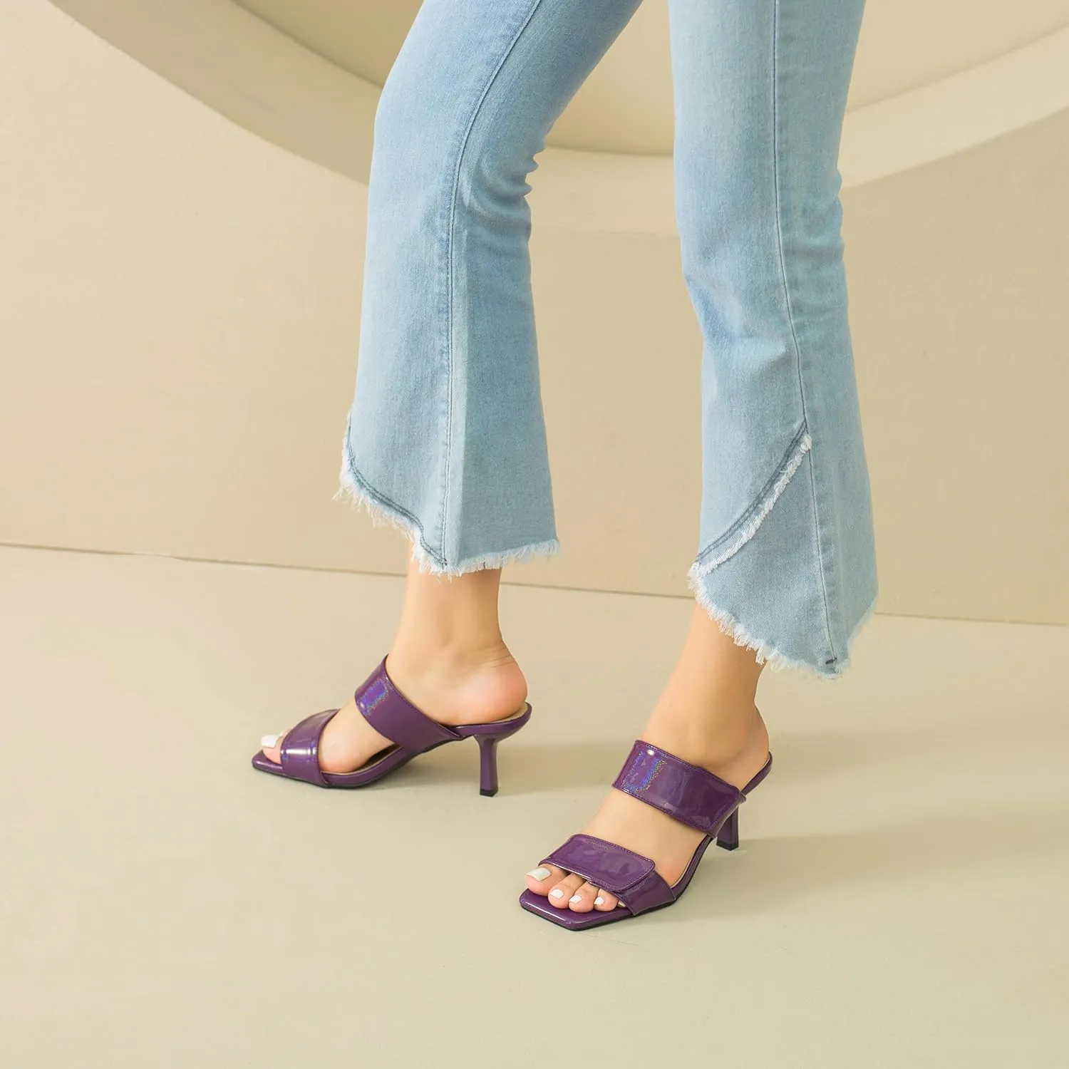 fereshte Womens 2 Strap Slip On Heeled Sandals Slip On Sandals Square Toe Kitten Heeled Mules