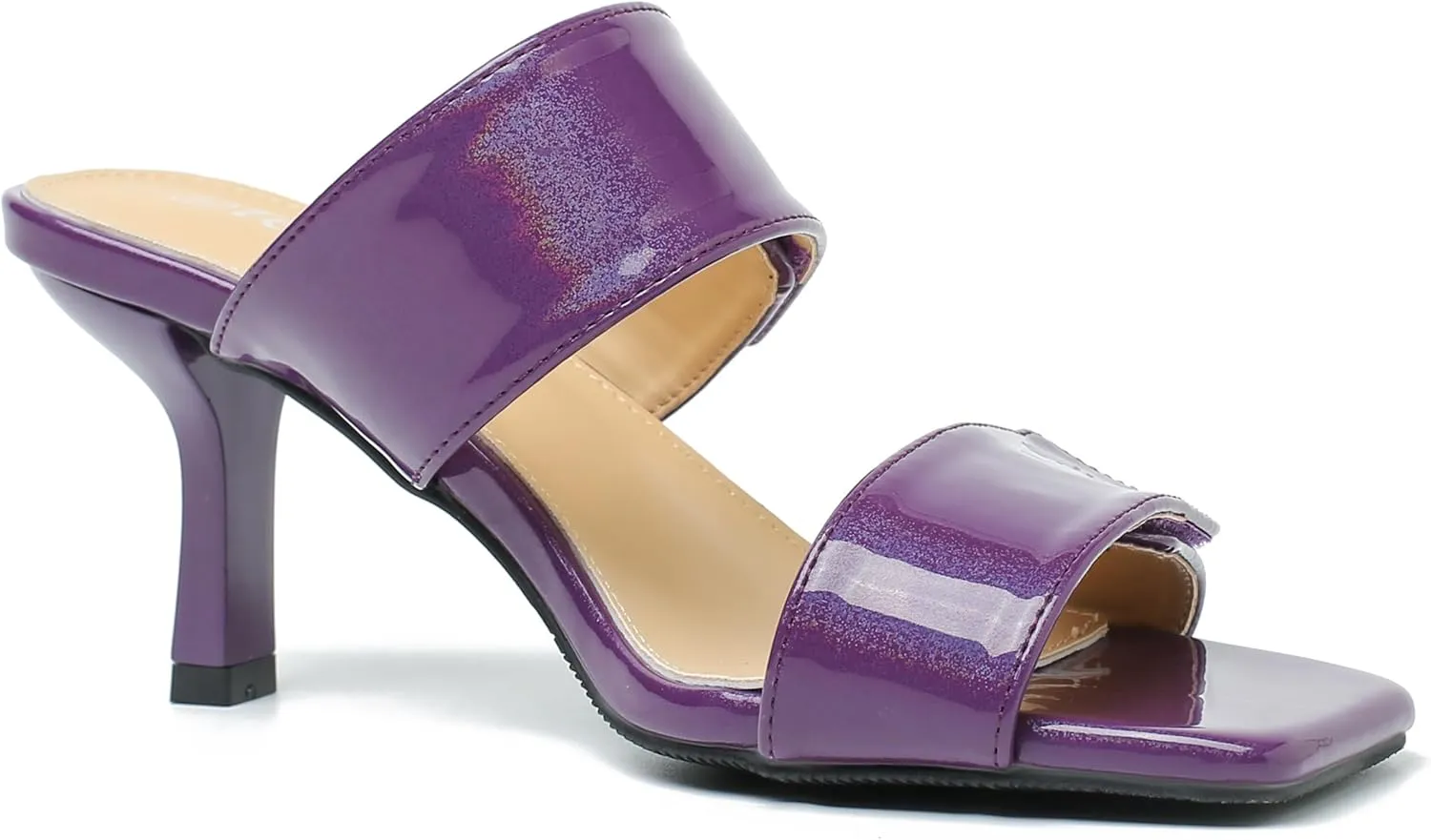fereshte Womens 2 Strap Slip On Heeled Sandals Slip On Sandals Square Toe Kitten Heeled Mules