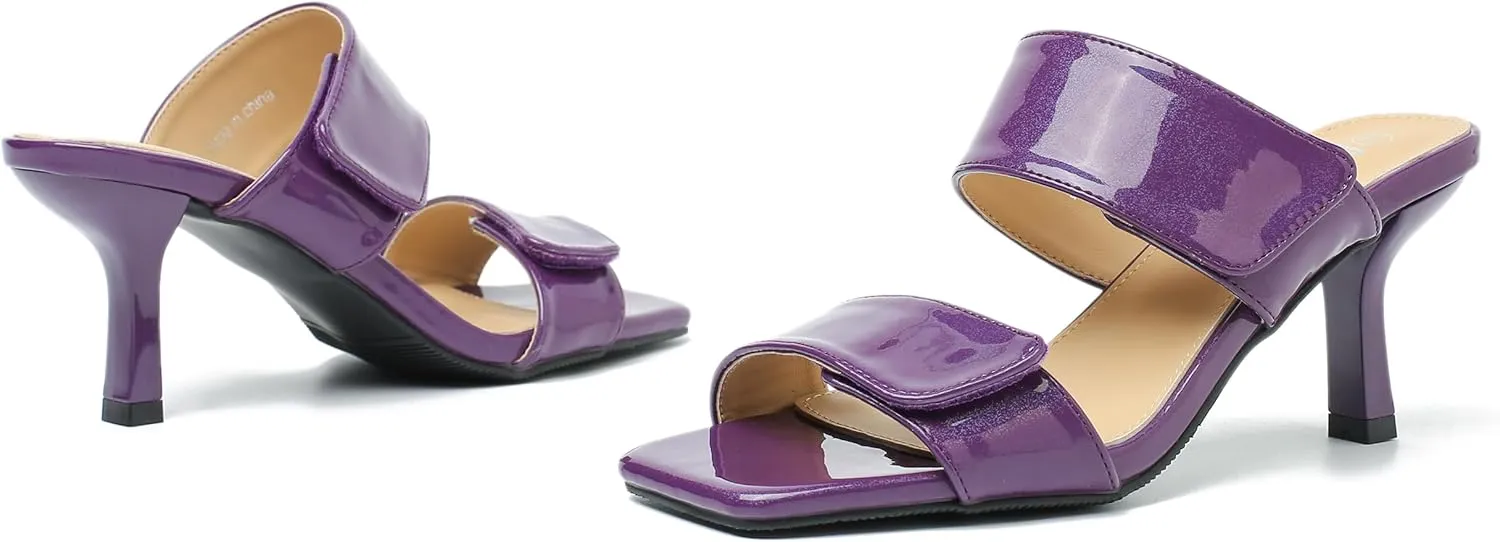 fereshte Womens 2 Strap Slip On Heeled Sandals Slip On Sandals Square Toe Kitten Heeled Mules