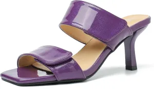 fereshte Womens 2 Strap Slip On Heeled Sandals Slip On Sandals Square Toe Kitten Heeled Mules