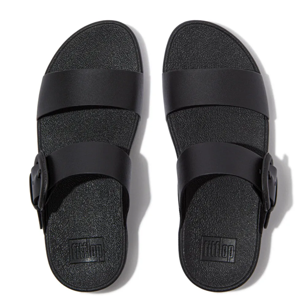 FitFlop Lulu Covered Buckle Raw Edge Leather Slides Black
