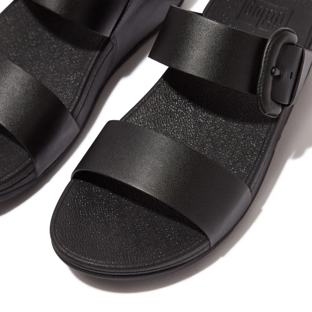 FitFlop Lulu Covered Buckle Raw Edge Leather Slides Black