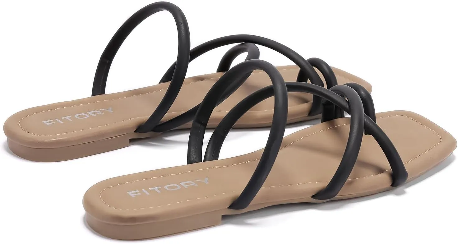 FITORY Women's Slide Sandals Flat Toe Ring Thongs with Cross Strap for Summer Size