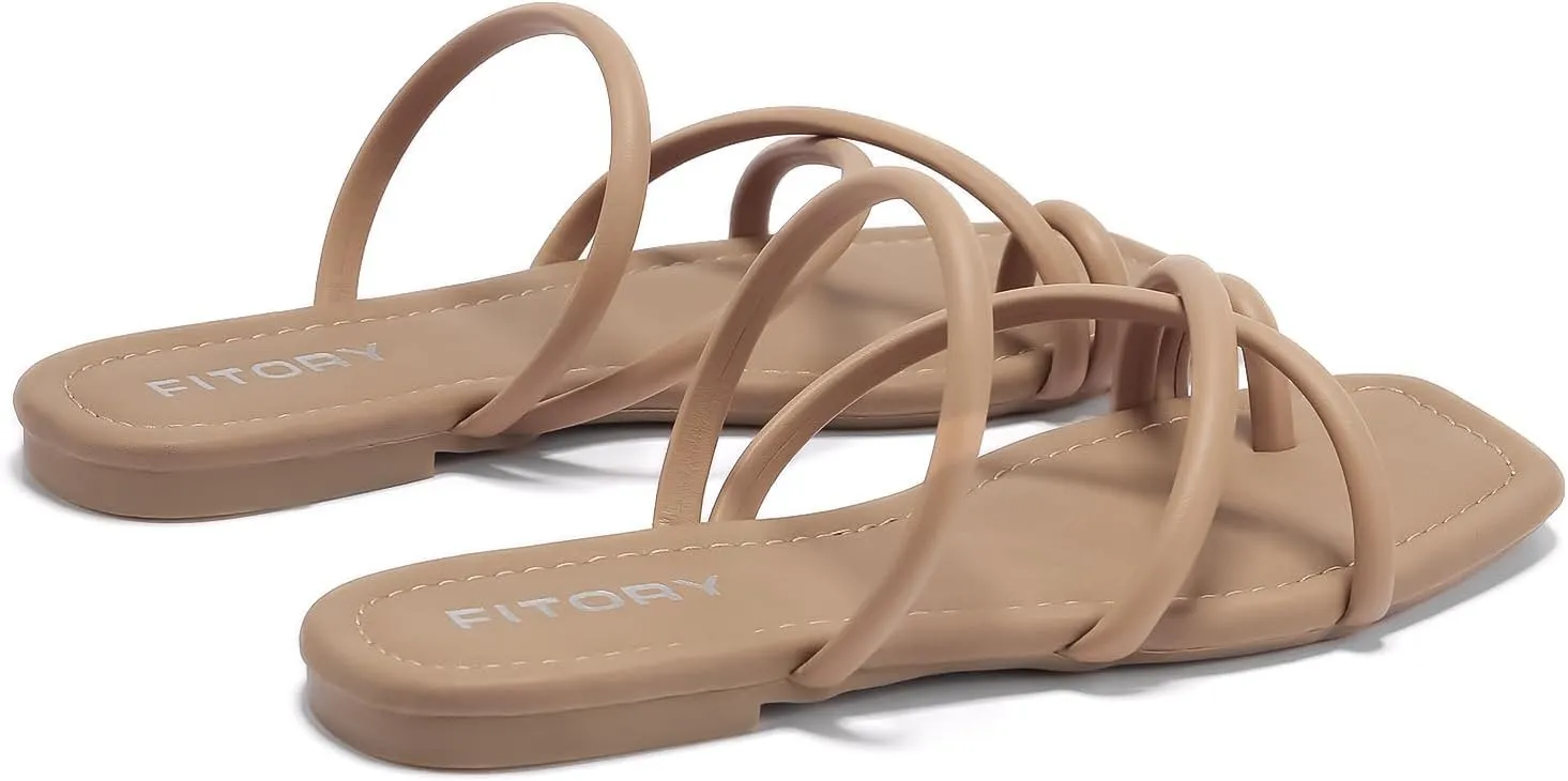 FITORY Women's Slide Sandals Flat Toe Ring Thongs with Cross Strap for Summer Size