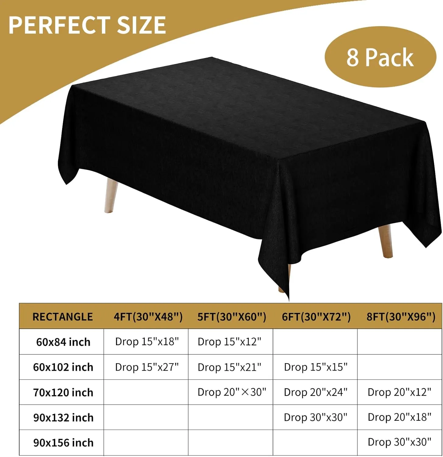 Fixwal 8 Pack Black Tablecloths for Rectangle Table, 60 x 102 Inch Polyester Fabric Tablecloths Rectangular, Wrinkle Resistant Washable Table Covers 6 Foot for Party, Wedding, Banquet, Dining
