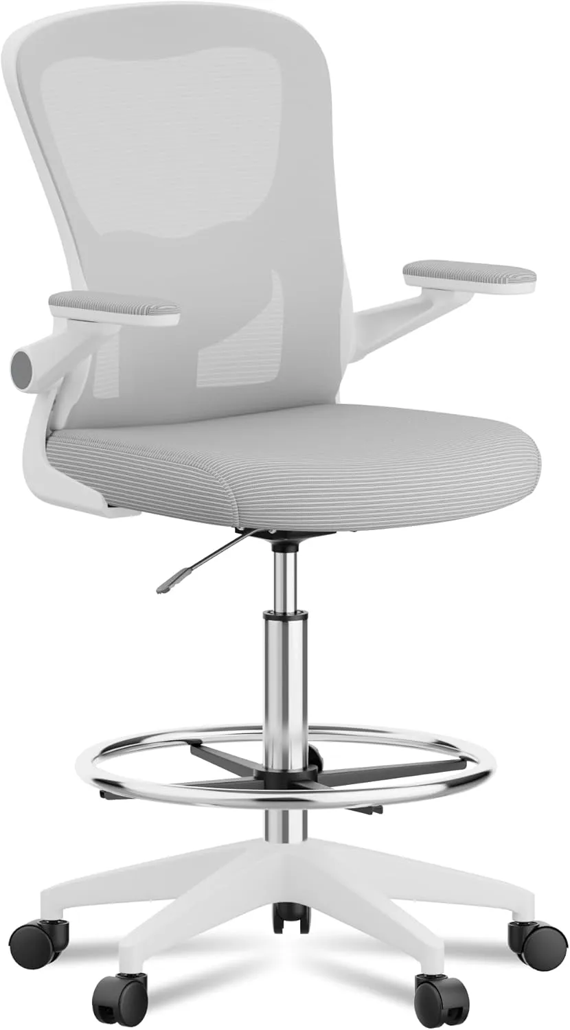 FLEXISPOT Upgraded Drafting Chair Tall Office Chair with 2D Lumbar,3D Flip-up Armrest,Standing Desk Chair with Breathable Mesh & Adjustable Foot Ring BIFMA Certified for Home Office,Drawing(Grey)