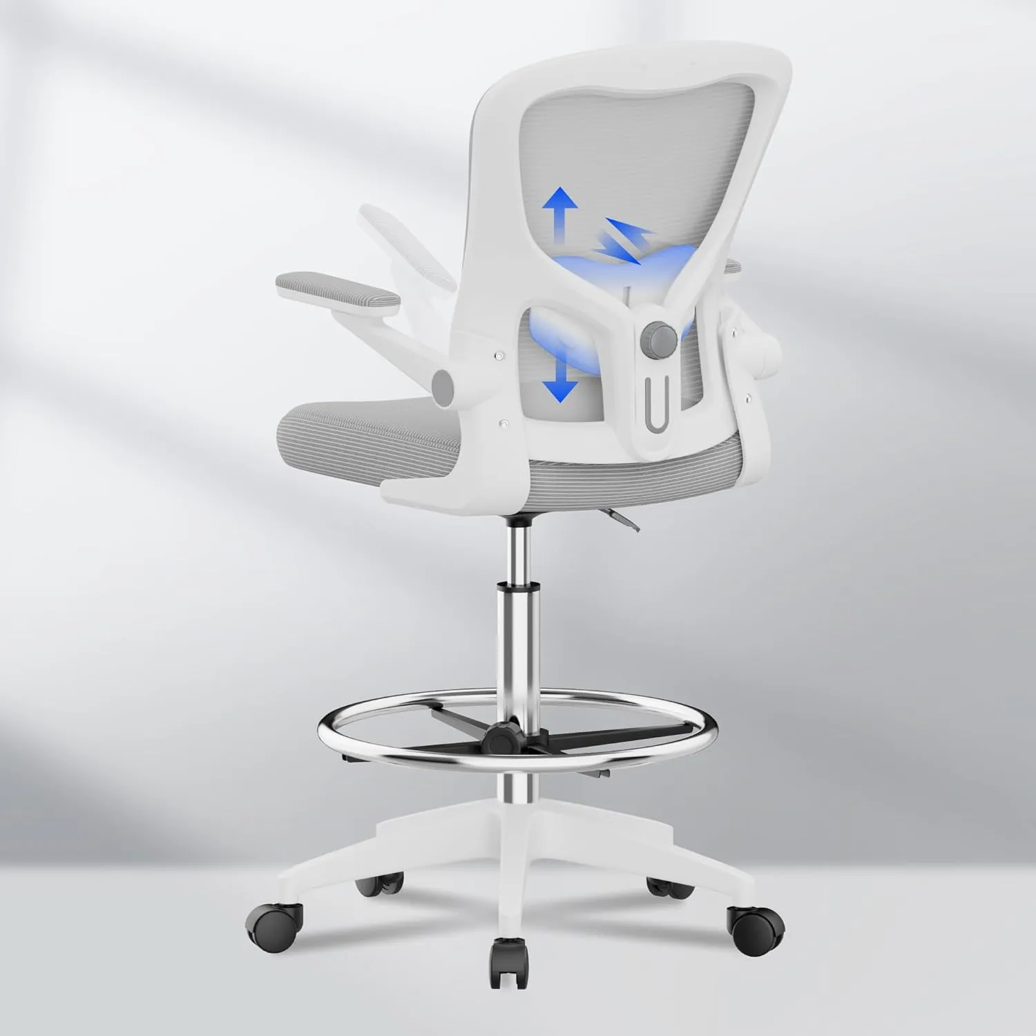 FLEXISPOT Upgraded Drafting Chair Tall Office Chair with 2D Lumbar,3D Flip-up Armrest,Standing Desk Chair with Breathable Mesh & Adjustable Foot Ring BIFMA Certified for Home Office,Drawing(Grey)