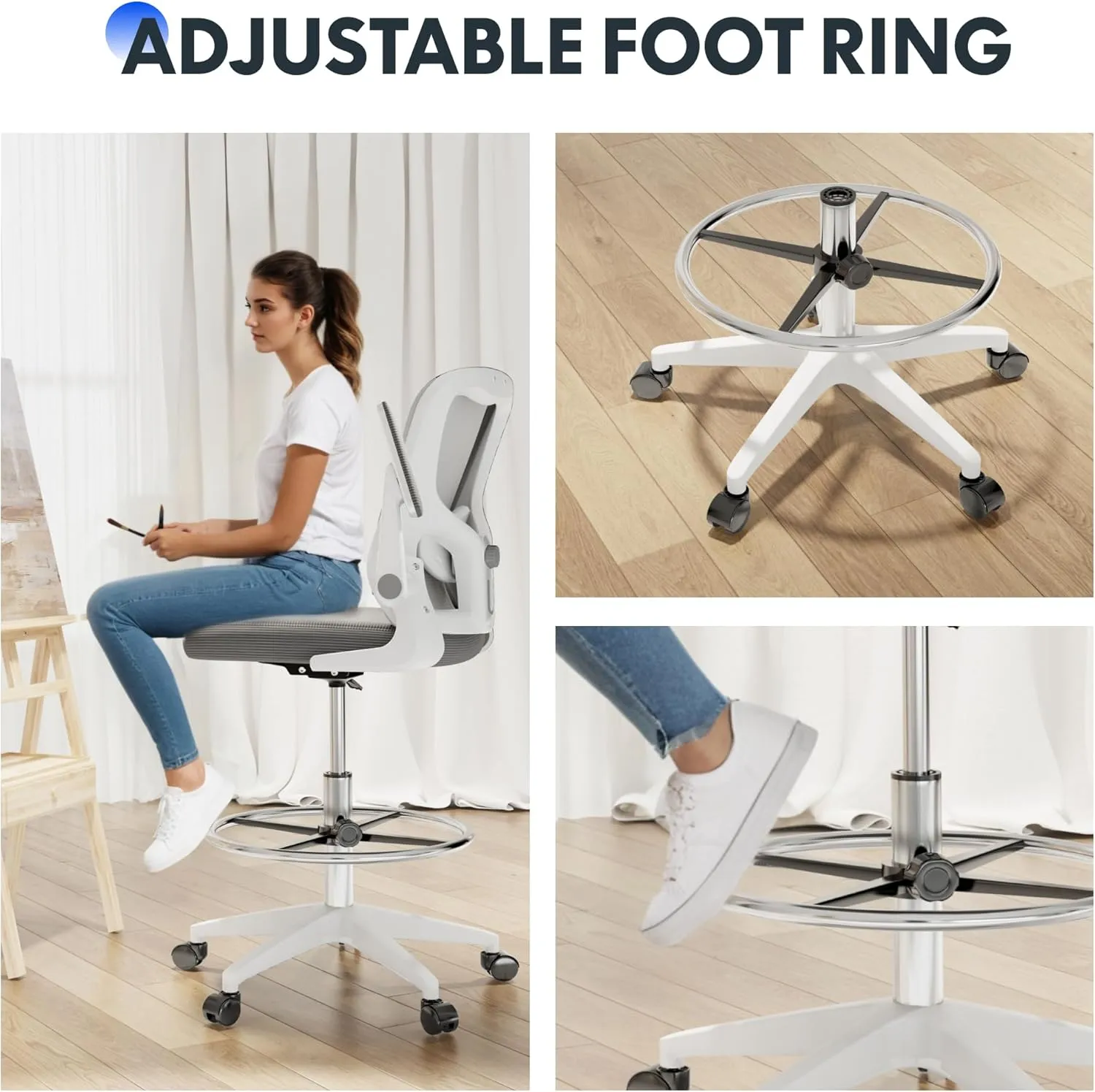 FLEXISPOT Upgraded Drafting Chair Tall Office Chair with 2D Lumbar,3D Flip-up Armrest,Standing Desk Chair with Breathable Mesh & Adjustable Foot Ring BIFMA Certified for Home Office,Drawing(Grey)