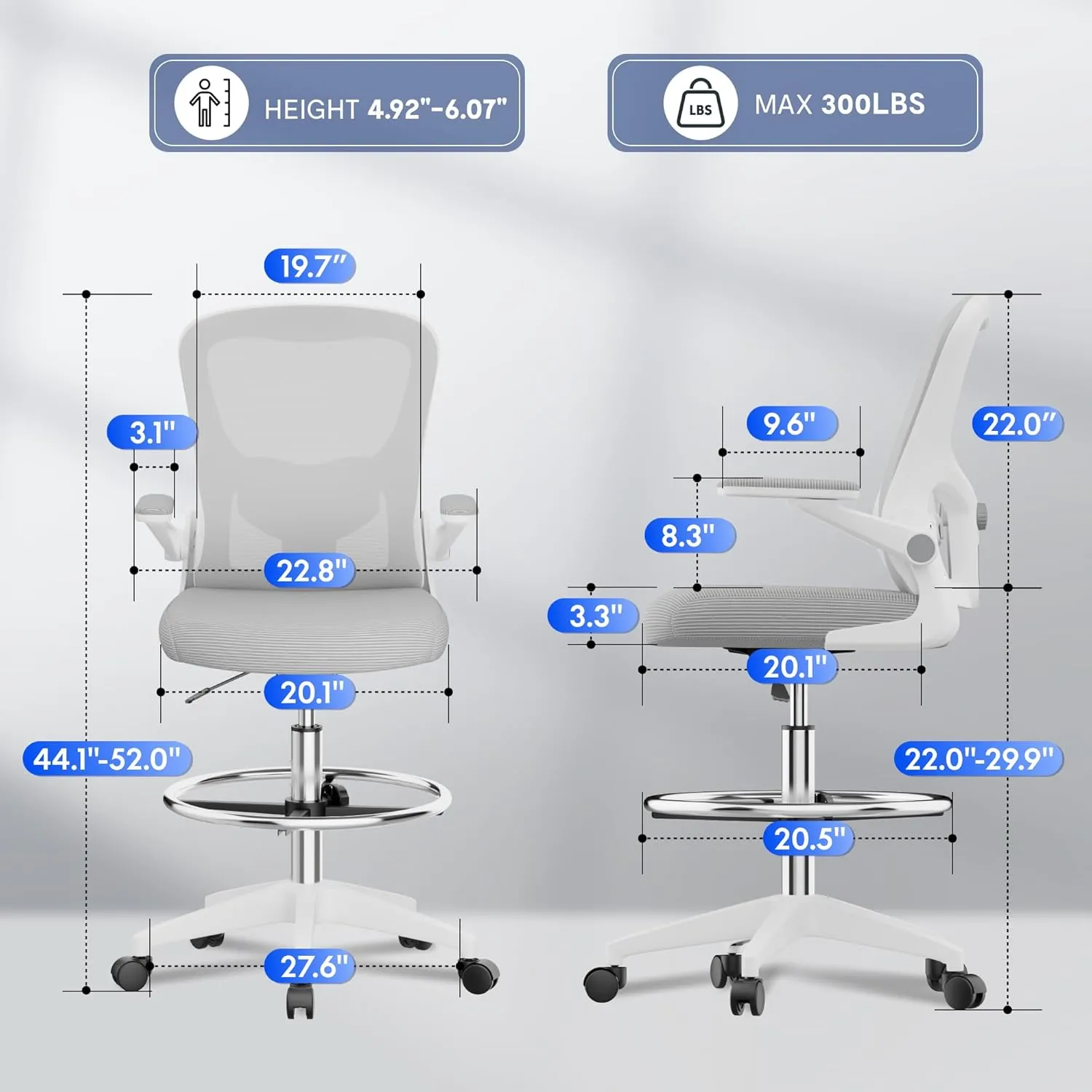 FLEXISPOT Upgraded Drafting Chair Tall Office Chair with 2D Lumbar,3D Flip-up Armrest,Standing Desk Chair with Breathable Mesh & Adjustable Foot Ring BIFMA Certified for Home Office,Drawing(Grey)