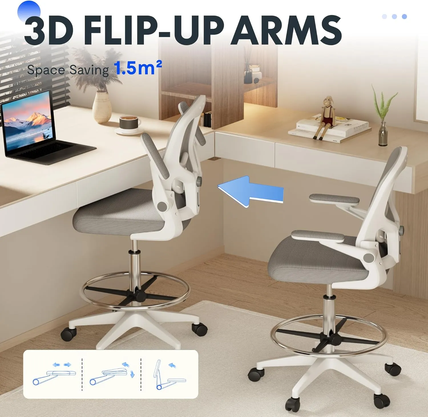 FLEXISPOT Upgraded Drafting Chair Tall Office Chair with 2D Lumbar,3D Flip-up Armrest,Standing Desk Chair with Breathable Mesh & Adjustable Foot Ring BIFMA Certified for Home Office,Drawing(Grey)