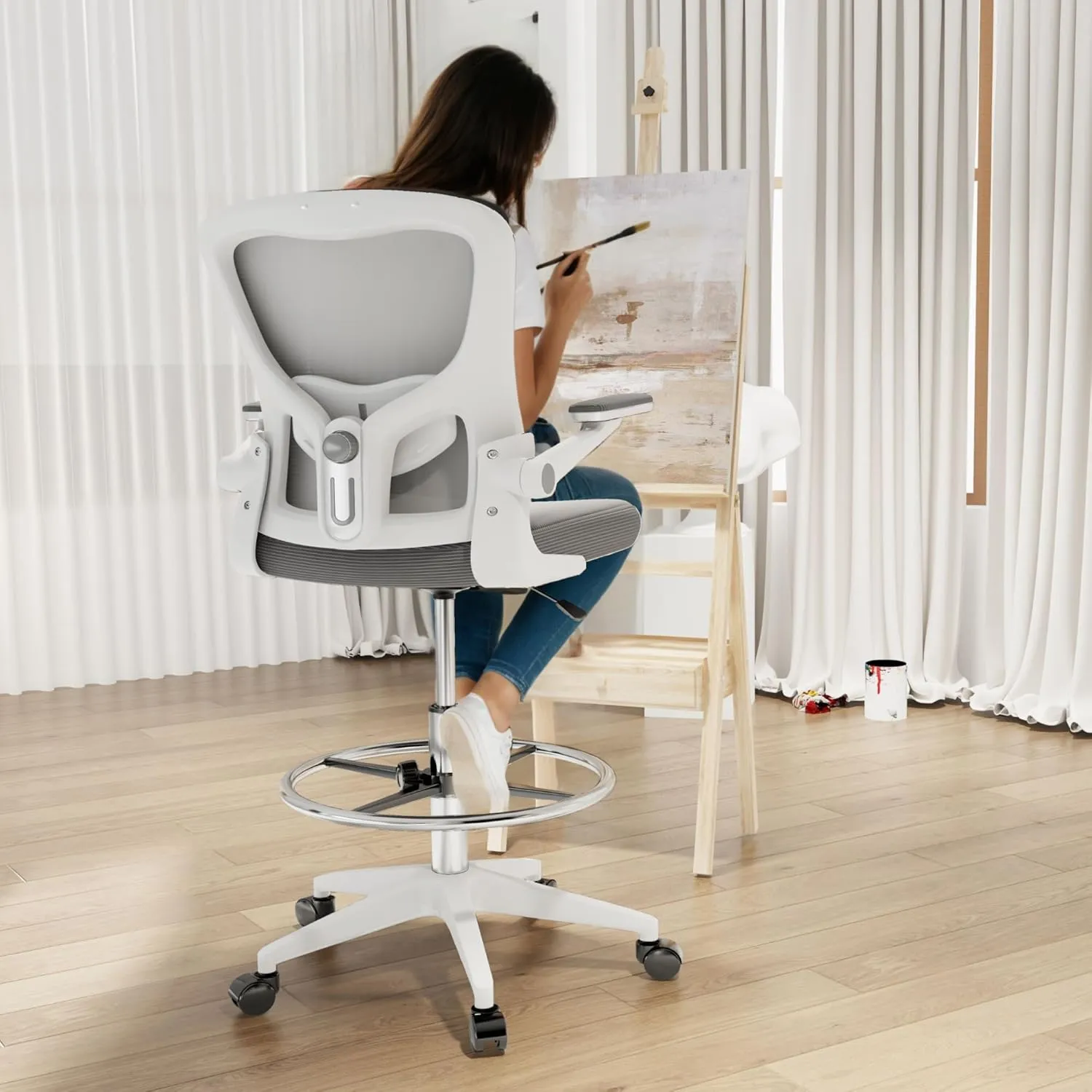 FLEXISPOT Upgraded Drafting Chair Tall Office Chair with 2D Lumbar,3D Flip-up Armrest,Standing Desk Chair with Breathable Mesh & Adjustable Foot Ring BIFMA Certified for Home Office,Drawing(Grey)