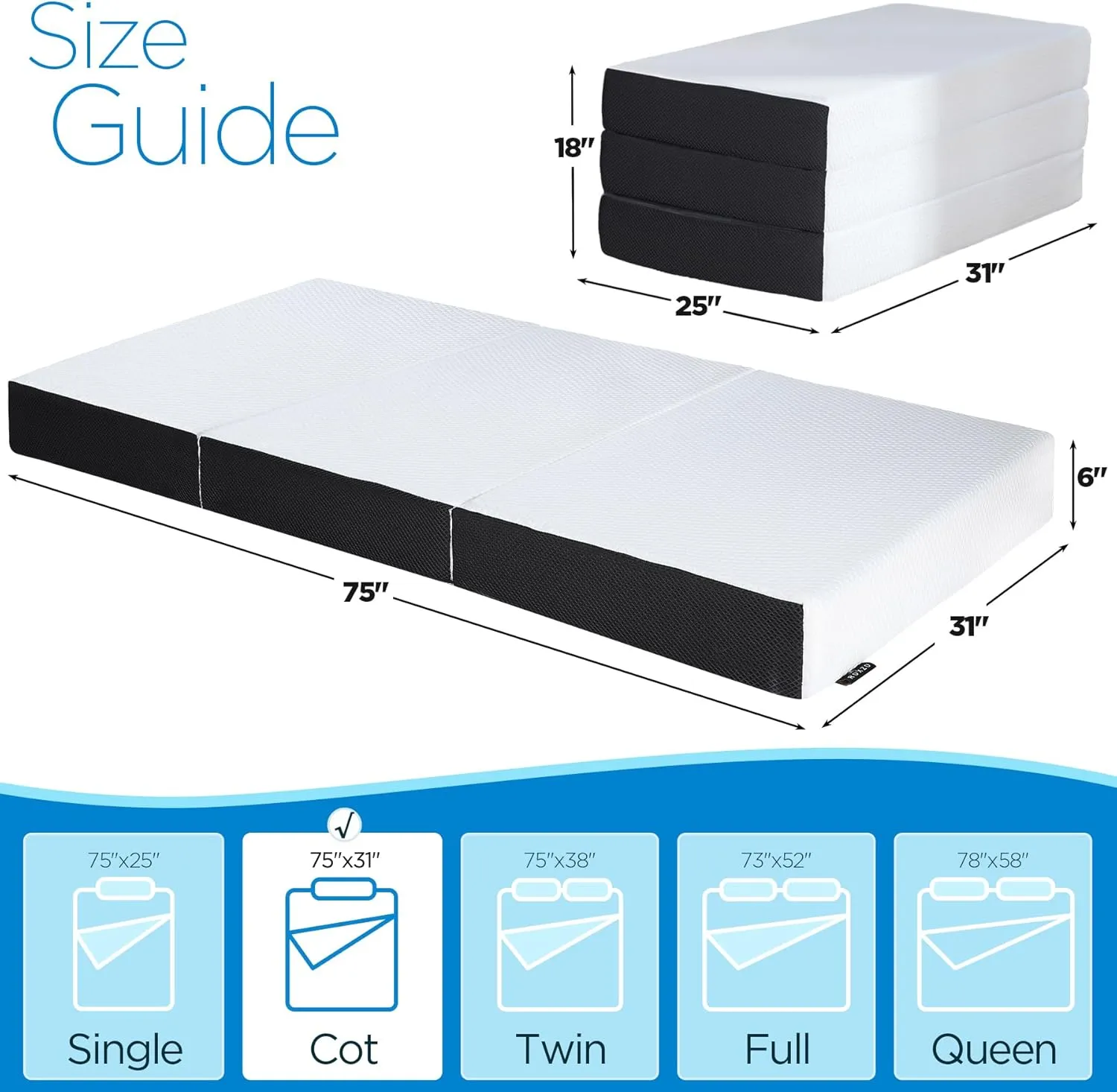 Folding Mattress, 6 inch Cot Tri-fold Memory Foam Mattress Topper with Washable Cover,Cooling Mattress Pad for College Dorm Single Bed,Foldable Floor Mattress Guest Bed for Camping 75"x31"x6"