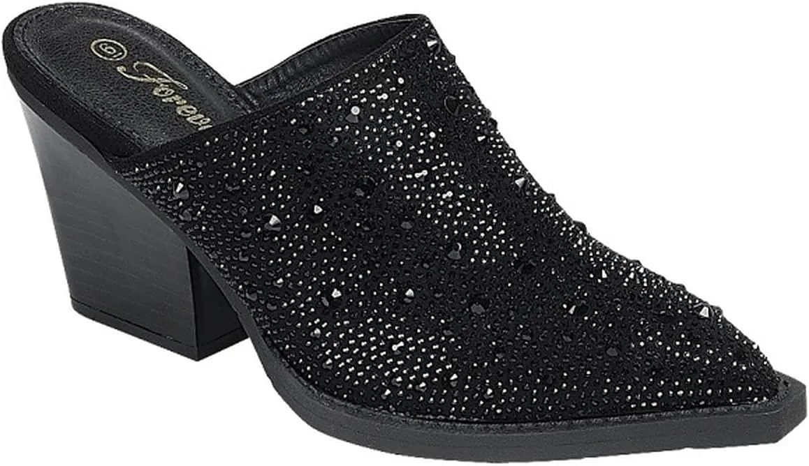 Forever Women Pointed Toe Rhinestone Slip on Mules Chunky Heel Sandals