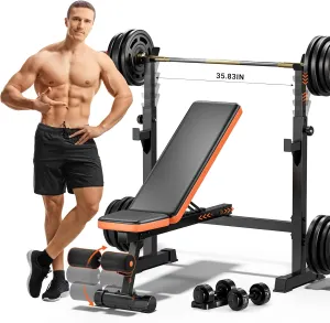 Fostoy 770lbs Weight Bench Set, Bench Press With Squat Rack, Adjustable Workout Bench, Olympic Weight Benches for Home Gym With Removable Foot Catch, Flat Incline Bench for Full Body Strength Training