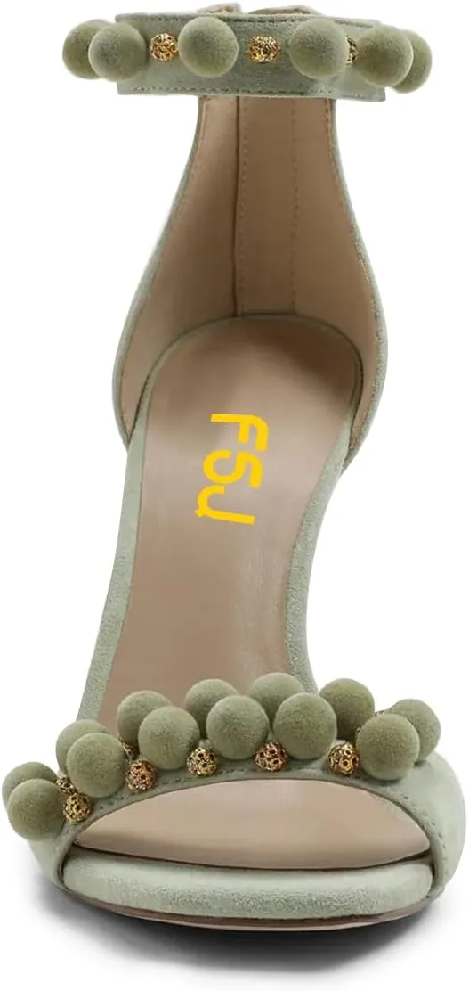 FSJ Women Cute Hair Ball Ankle Strap Sandals Open Toe Chunky High Heels Back Zip Daily Party Dress Shoes Size 4-15 US