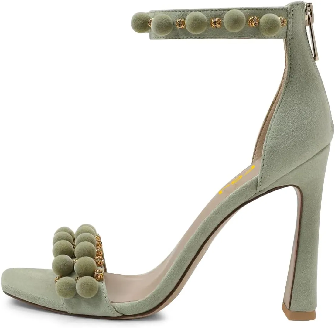 FSJ Women Cute Hair Ball Ankle Strap Sandals Open Toe Chunky High Heels Back Zip Daily Party Dress Shoes Size 4-15 US