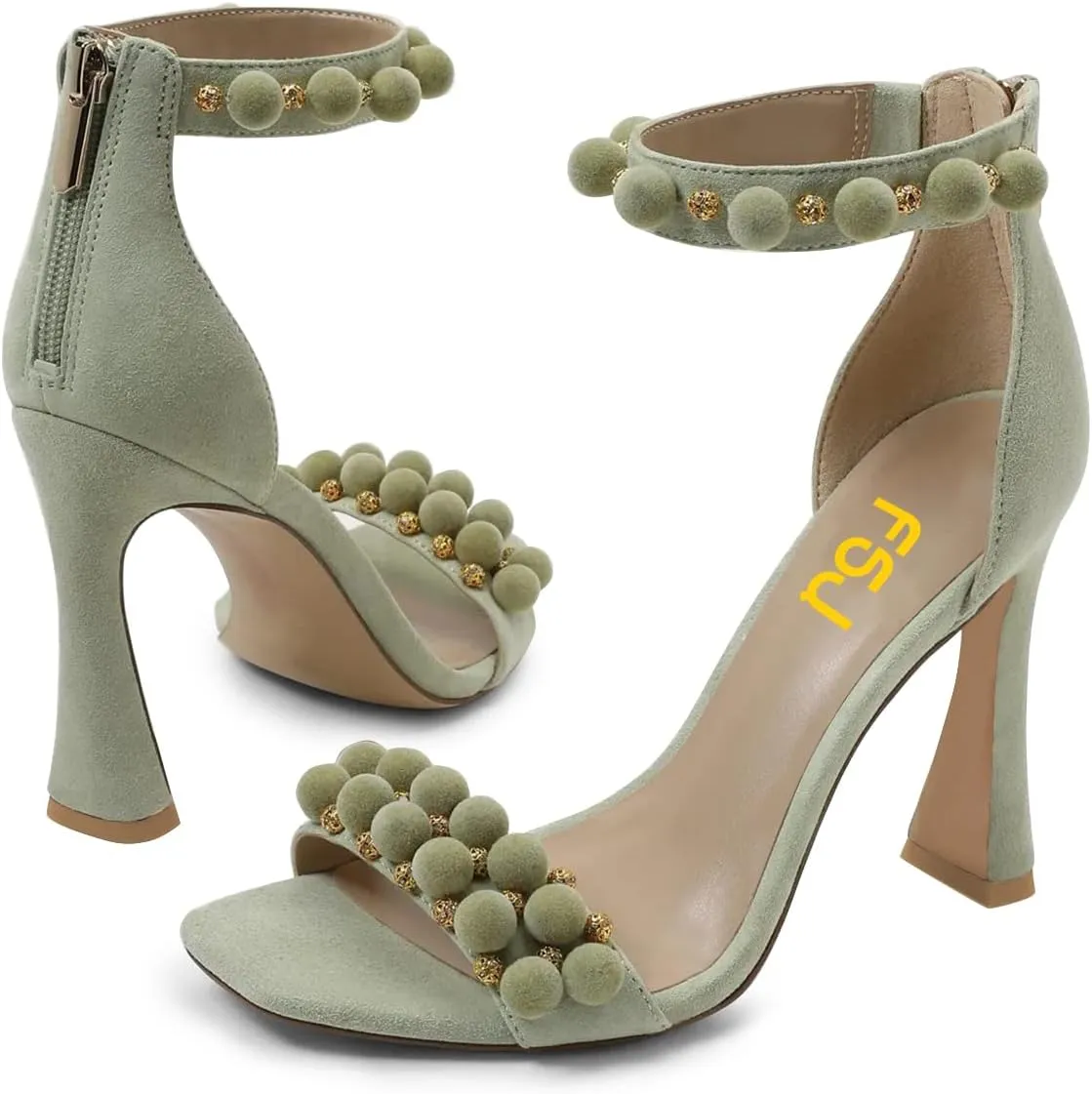 FSJ Women Cute Hair Ball Ankle Strap Sandals Open Toe Chunky High Heels Back Zip Daily Party Dress Shoes Size 4-15 US