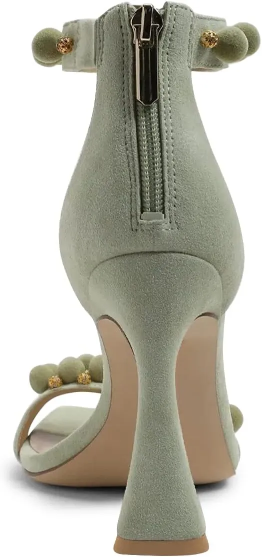 FSJ Women Cute Hair Ball Ankle Strap Sandals Open Toe Chunky High Heels Back Zip Daily Party Dress Shoes Size 4-15 US