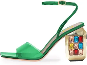 FSJ Women Graceful Square Open Toe Sandals Studded Gemstone Block High Heel Ankle Strap Party Evening Dress Dancing Shoes Size 4-15 US