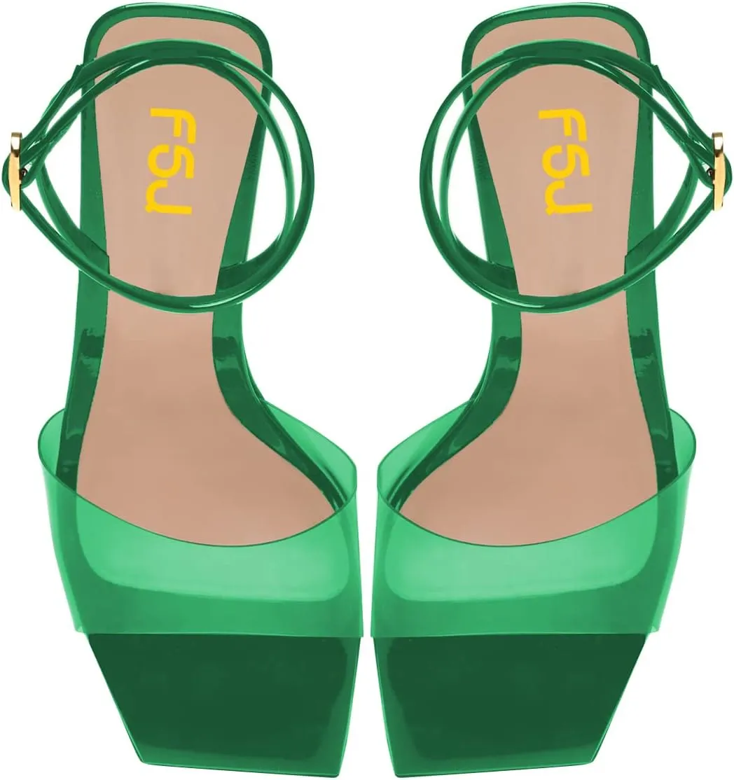 FSJ Women Graceful Square Open Toe Sandals Studded Gemstone Block High Heel Ankle Strap Party Evening Dress Dancing Shoes Size 4-15 US
