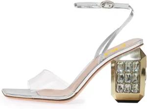 FSJ Women Graceful Square Open Toe Sandals Studded Gemstone Block High Heel Ankle Strap Party Evening Dress Dancing Shoes Size 4-15 US