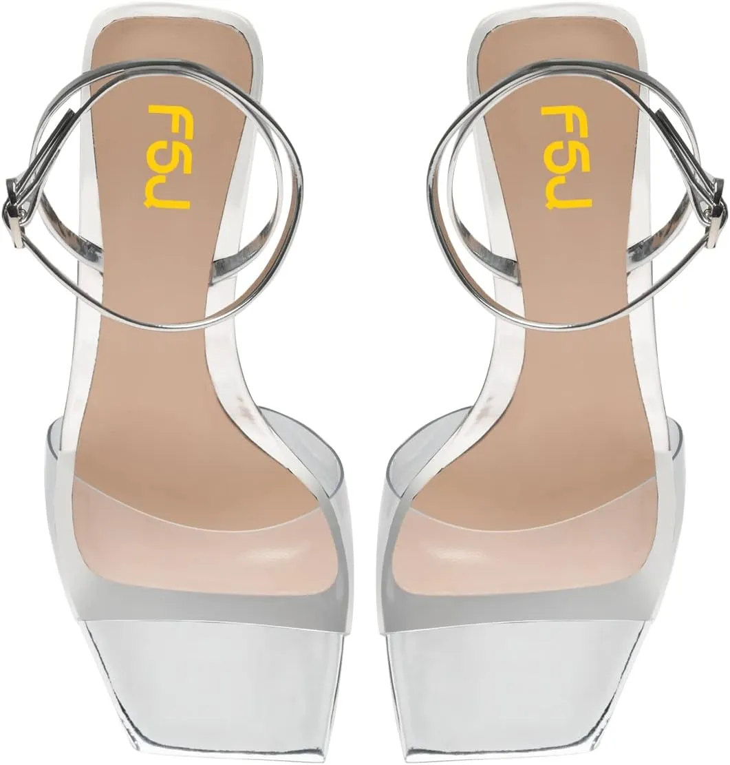 FSJ Women Graceful Square Open Toe Sandals Studded Gemstone Block High Heel Ankle Strap Party Evening Dress Dancing Shoes Size 4-15 US