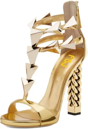 FSJ Women Open Toe Sandals T-Strap Metal Studs Gold Chain Chunky Block Heels Double Ankle Strap Back Zip Cocktail Evening Shoes Size 4-16 US