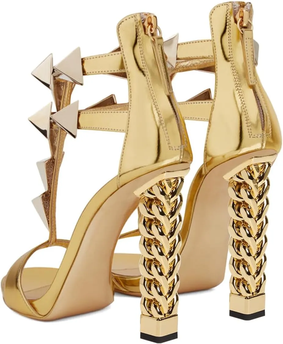 FSJ Women Open Toe Sandals T-Strap Metal Studs Gold Chain Chunky Block Heels Double Ankle Strap Back Zip Cocktail Evening Shoes Size 4-16 US