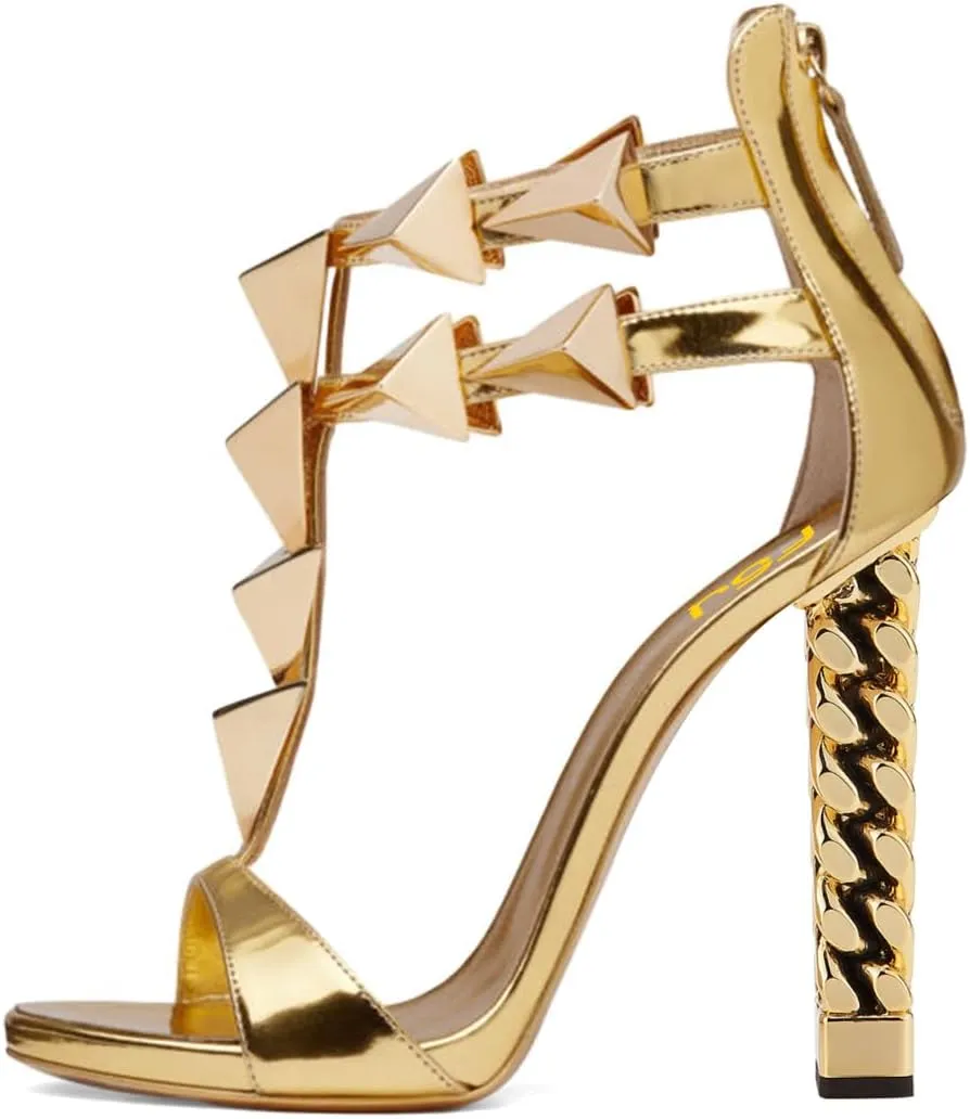 FSJ Women Open Toe Sandals T-Strap Metal Studs Gold Chain Chunky Block Heels Double Ankle Strap Back Zip Cocktail Evening Shoes Size 4-16 US