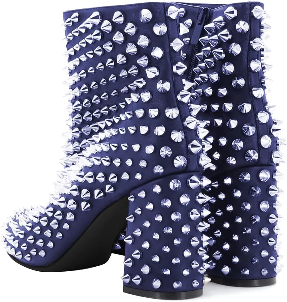 FSJ Women Round Toe Studded Chunky Heel Ankle Boots Side Zipper Sexy High Block Heel Rivets Bootie Fashion Party Dressy Shoes Size 4-16 US