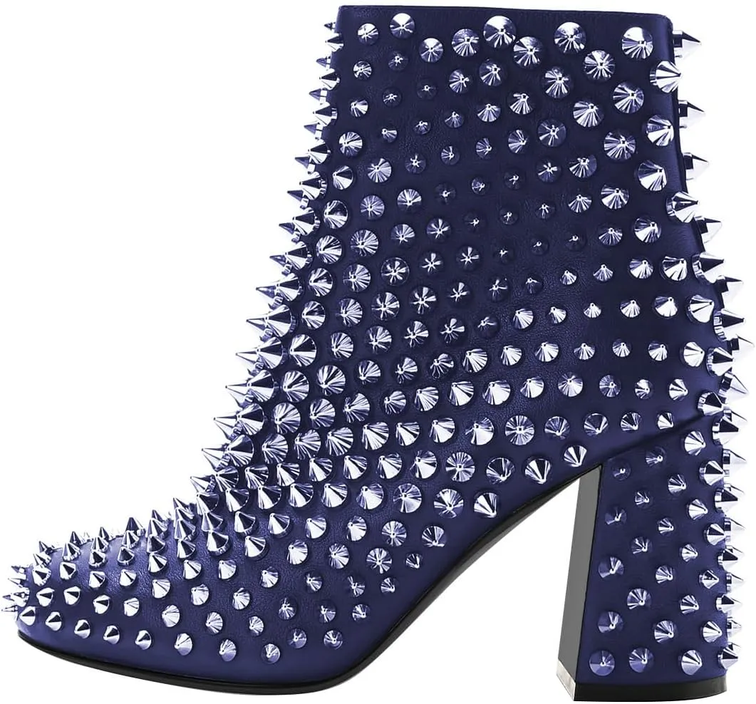 FSJ Women Round Toe Studded Chunky Heel Ankle Boots Side Zipper Sexy High Block Heel Rivets Bootie Fashion Party Dressy Shoes Size 4-16 US