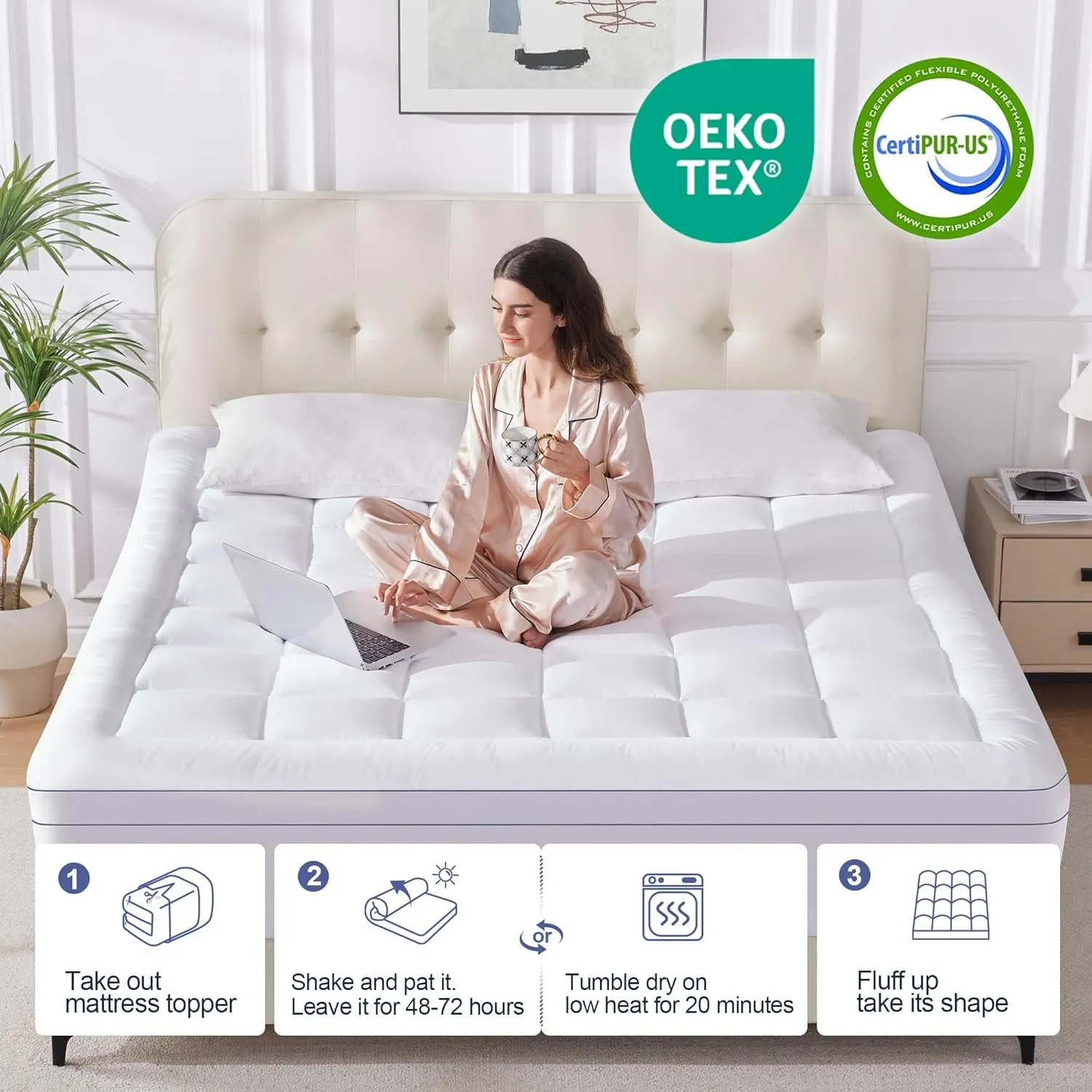 Full Size Memory Foam Mattress Topper, 4 Inch Gel Cooling Mattress Pad with Pillow Top Mattress Topper Full Cover, 8-21" Deep Pocket and Support for Back Pain (White)