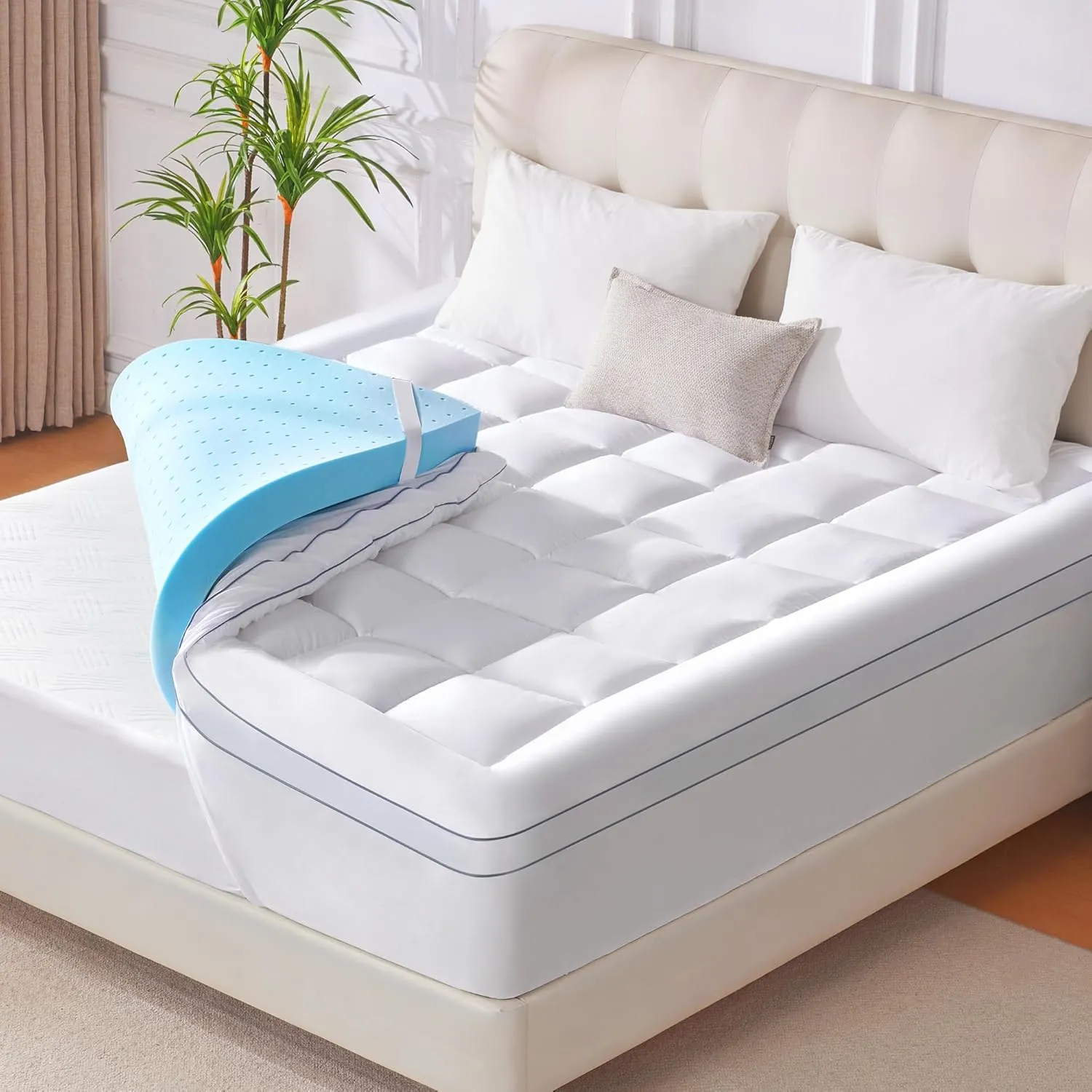 Full Size Memory Foam Mattress Topper, 4 Inch Gel Cooling Mattress Pad with Pillow Top Mattress Topper Full Cover, 8-21" Deep Pocket and Support for Back Pain (White)