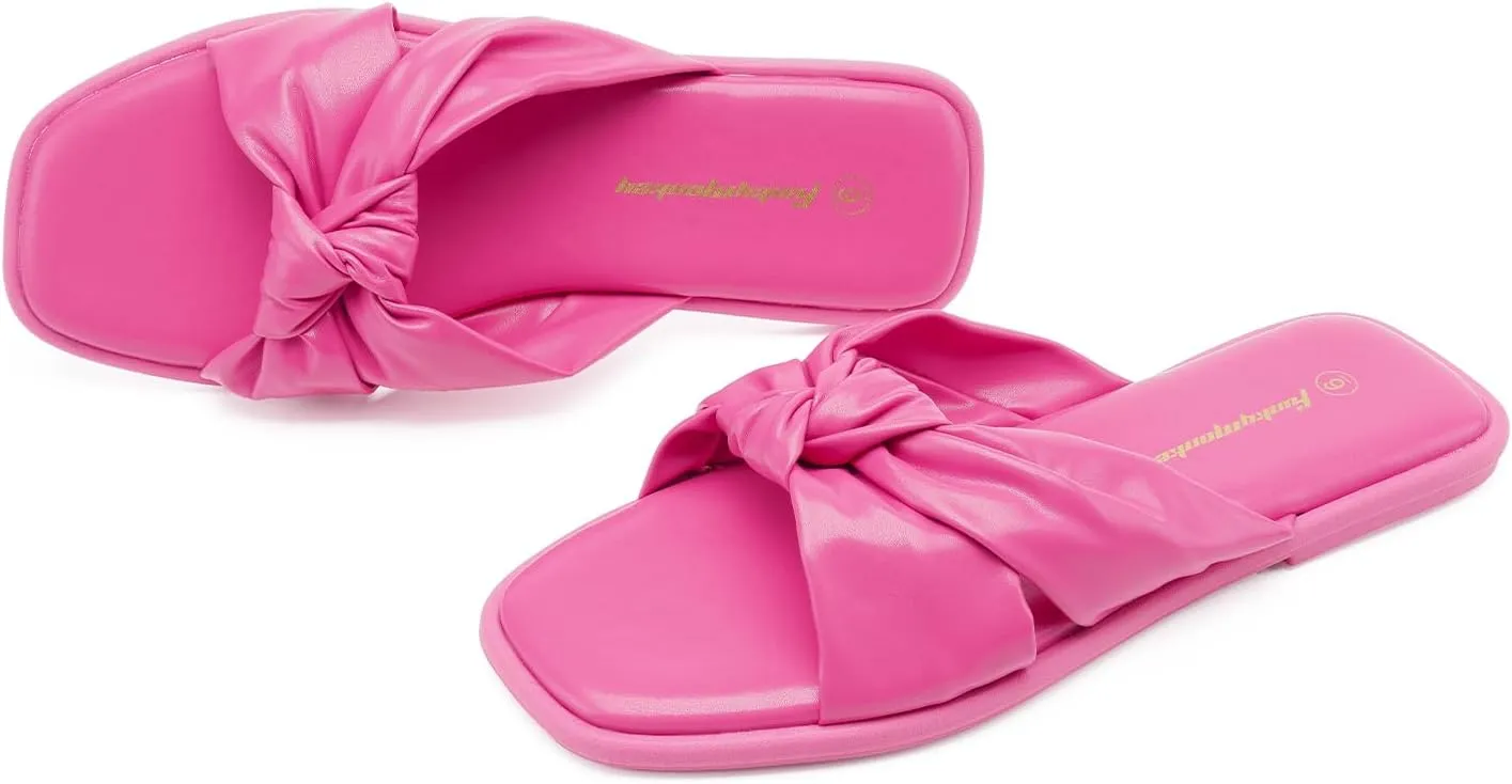 FUNKYMONKEY Women's Flat Sandals Square Open Toe Summer Casual Dress Women's Slide Shoes