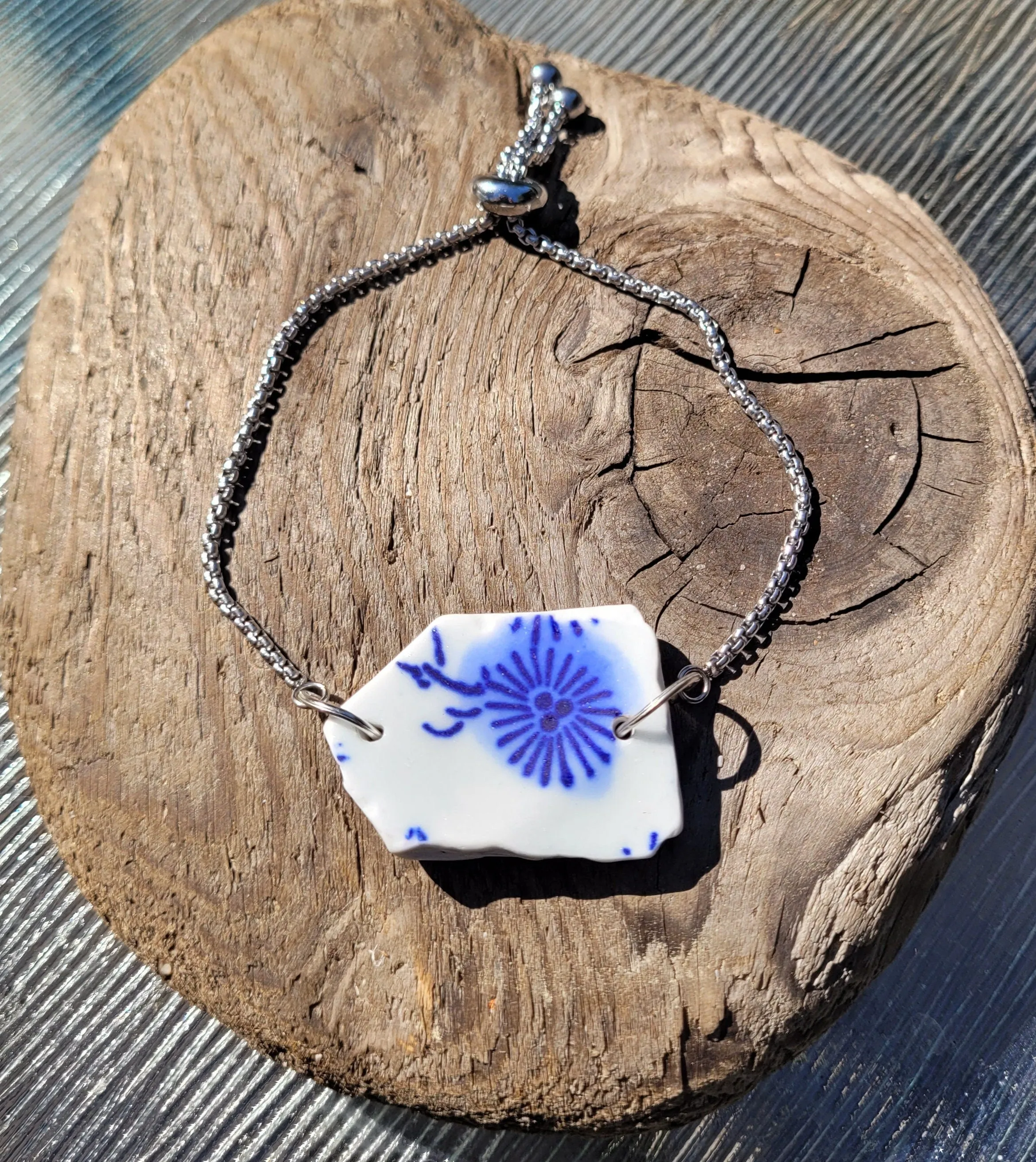 Genuine Sea Glass/Sea Pottery/Adjustable Bracelet/Upcycled Bracelet/19d