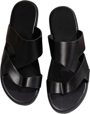GORGLITTER Men's Beach Leather Sandals Slide Footwear Round Flip Flops Pu Slip On Slippers
