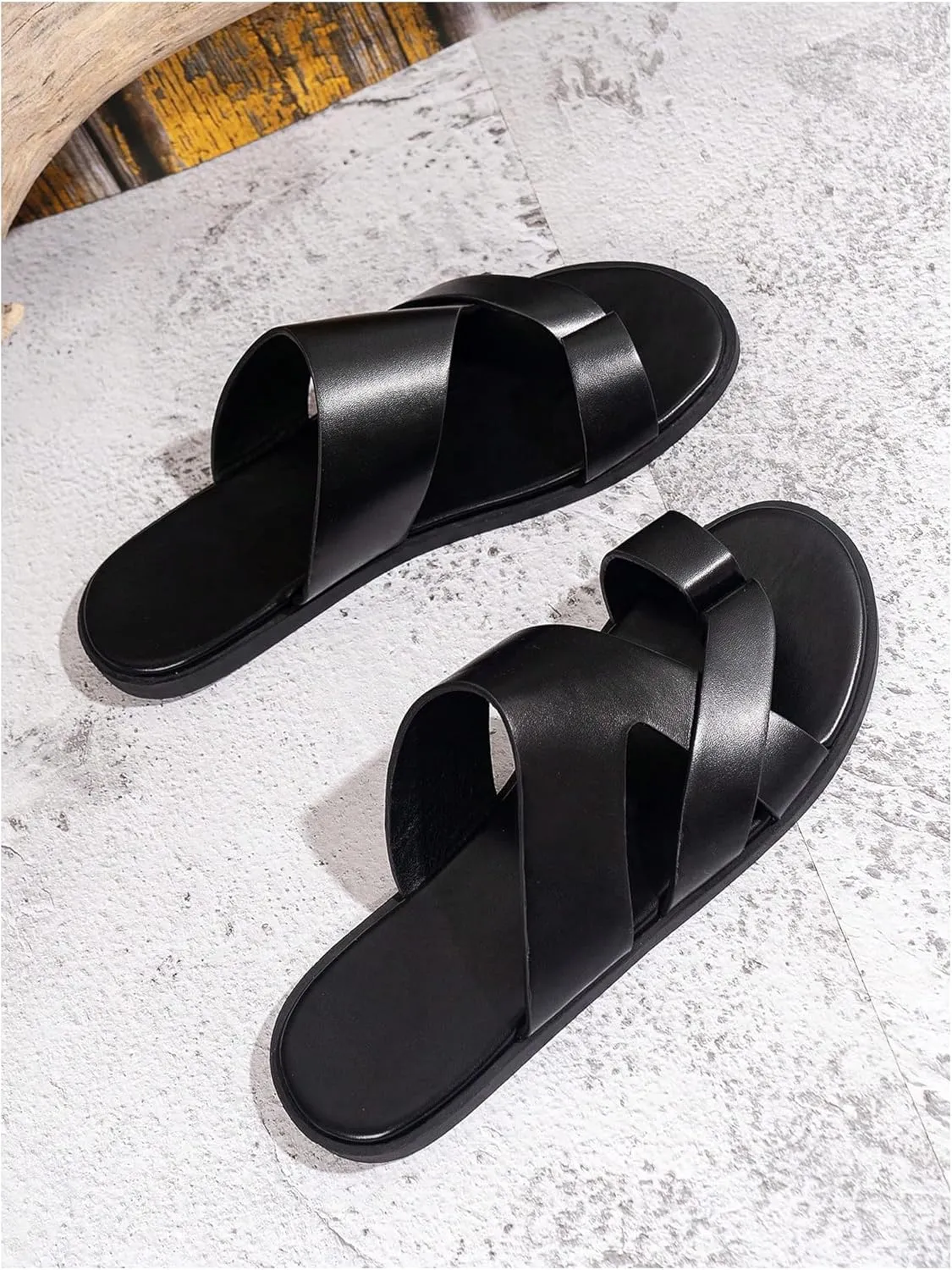 GORGLITTER Men's Beach Leather Sandals Slide Footwear Round Flip Flops Pu Slip On Slippers