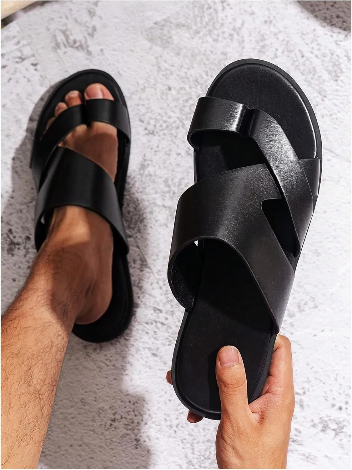 GORGLITTER Men's Beach Leather Sandals Slide Footwear Round Flip Flops Pu Slip On Slippers