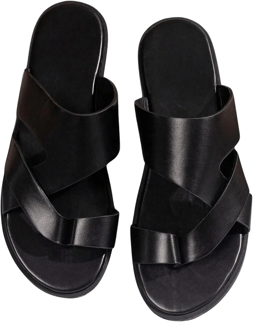 GORGLITTER Men's Beach Leather Sandals Slide Footwear Round Flip Flops Pu Slip On Slippers