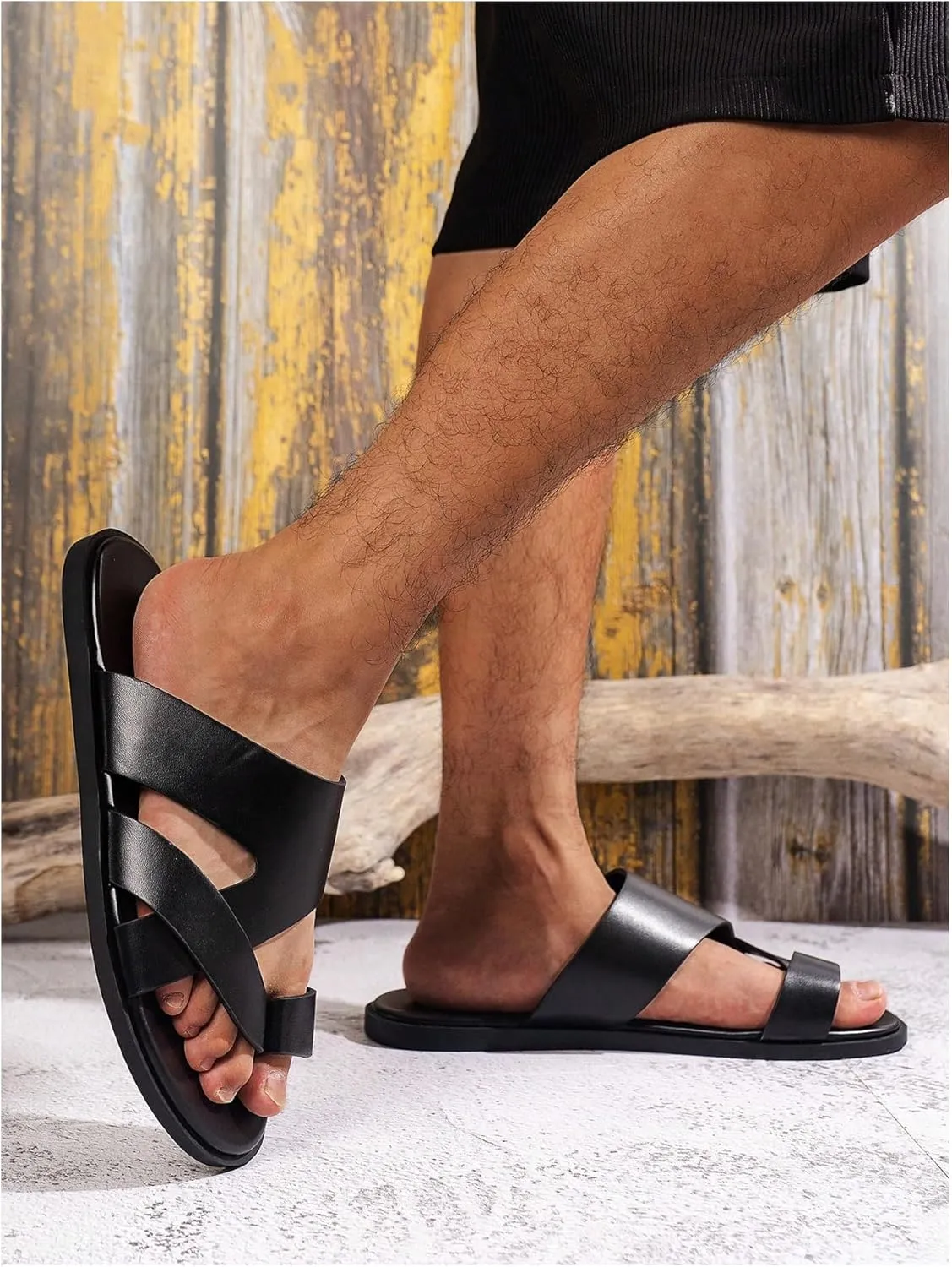 GORGLITTER Men's Beach Leather Sandals Slide Footwear Round Flip Flops Pu Slip On Slippers